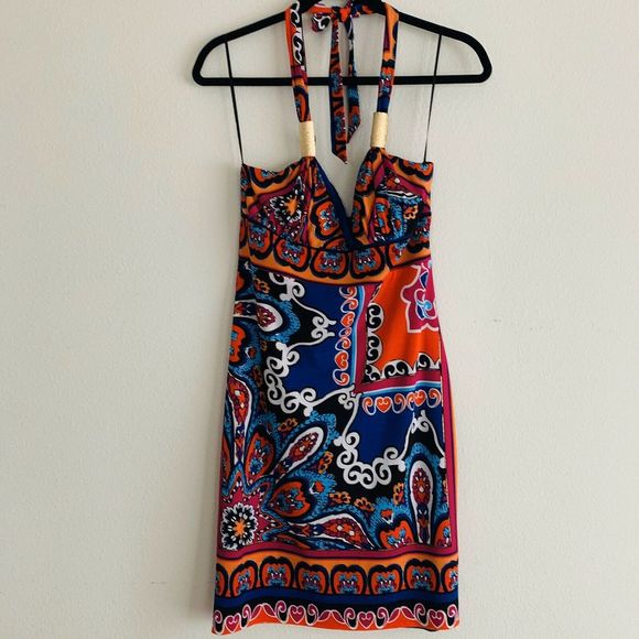 Caché Dresses & Skirts - Cache Printed Halter Gold Metallic Painted Dress